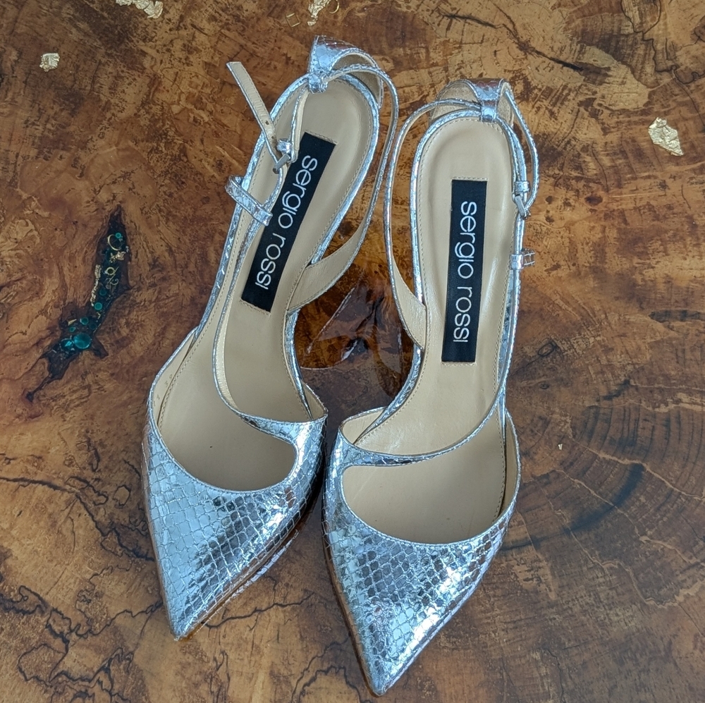 Snakeskin Slingback Heels Silver Metallic Eu 39(NWOT)